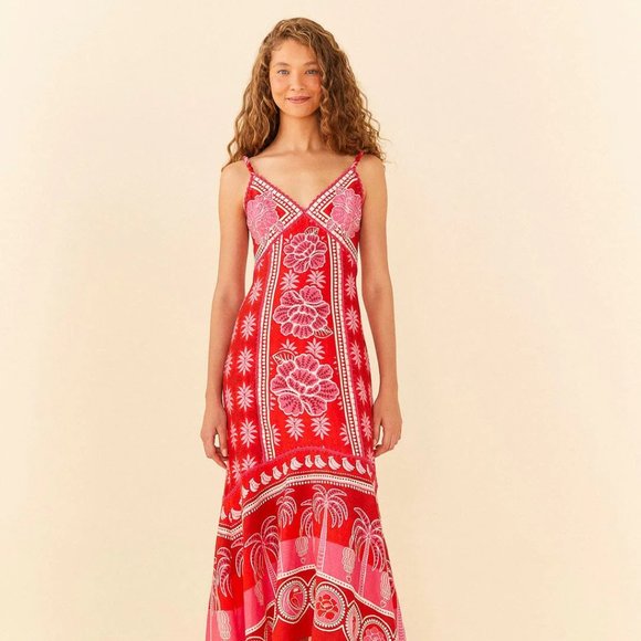 FARM RIO Summer Sunrise Embroidered Linen Maxi Dress - Picture 3 of 17